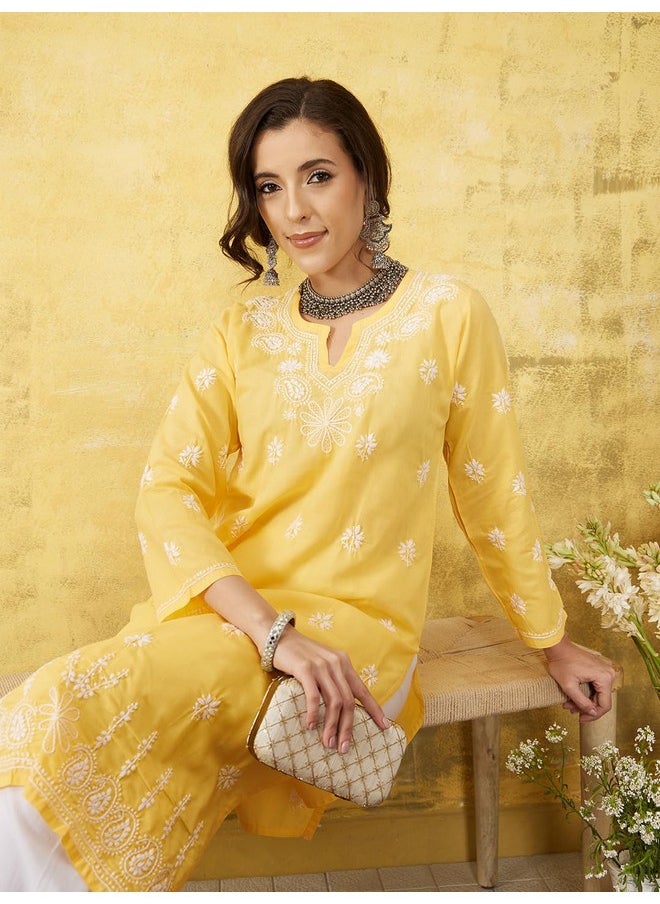 ADA - Ada Lucknowi Chikankari Hand Embroidered Women's Cotton Kurti Kurta A130708 (L, Yellow) - Image 1