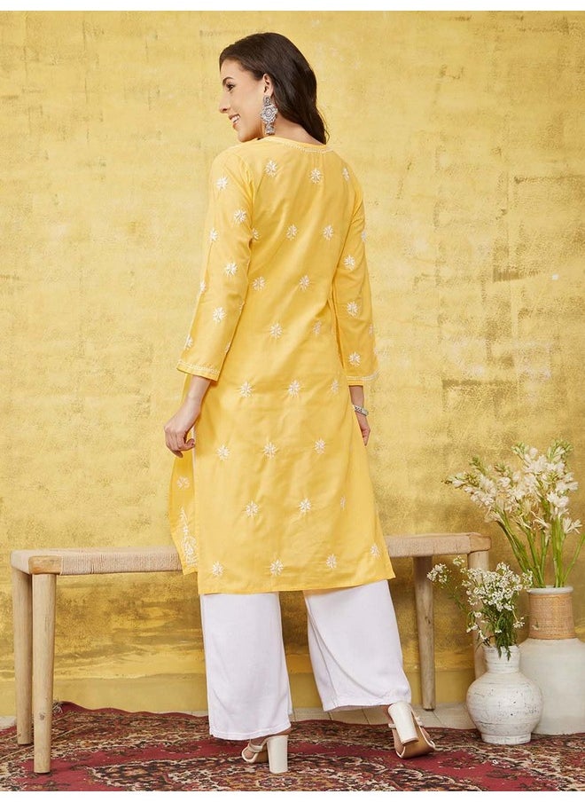 ADA - Ada Lucknowi Chikankari Hand Embroidered Women's Cotton Kurti Kurta A130708 (L, Yellow) - Image 1