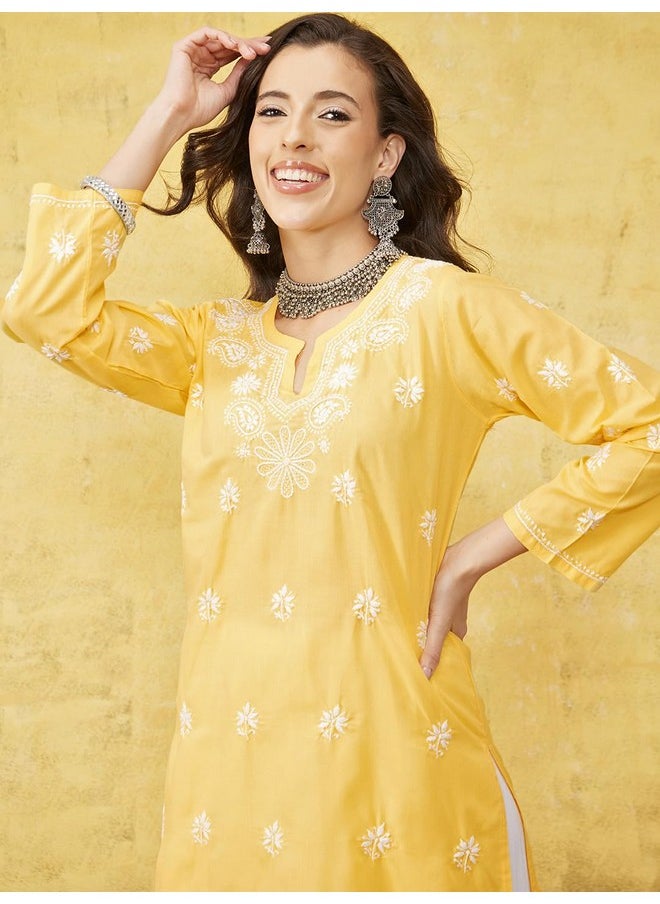 ADA - Ada Lucknowi Chikankari Hand Embroidered Women's Cotton Kurti Kurta A130708 (L, Yellow) - Image 1