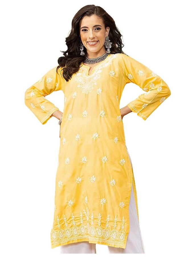 ADA - Ada Lucknowi Chikankari Hand Embroidered Women's Cotton Kurti Kurta A130708 (L, Yellow) - Image 1