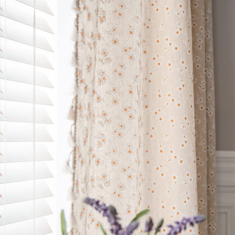 ENJOYBRIDAL ENJOYBRIDAL Floral Curtains 63 Inch Length 2 Panels Short Drapes Tassel Rod Pocket SemiSheer Boho Daisy Bedroom Living Room Farmhouse Rustic Bohemian Window Curtain Panels