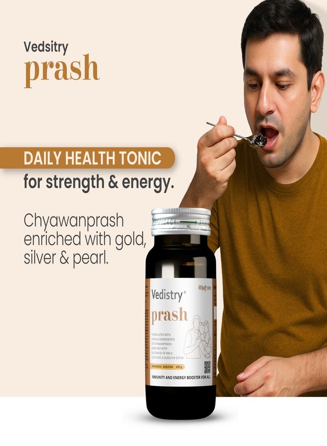 Vedistry Prash Ayurvedic Chyawanprash with Gold, Silver & Pearl | Daily Tonic for Strength, Stamina, Energy & Immunity Booster | Fortified with Amla, Giloy, Pippali & Shunthi | Ayurvedic Vitality, Revitalizer, Support Healthy Bone & Overall Wellness Support - 450 gm (Pack of 1) - Image 2