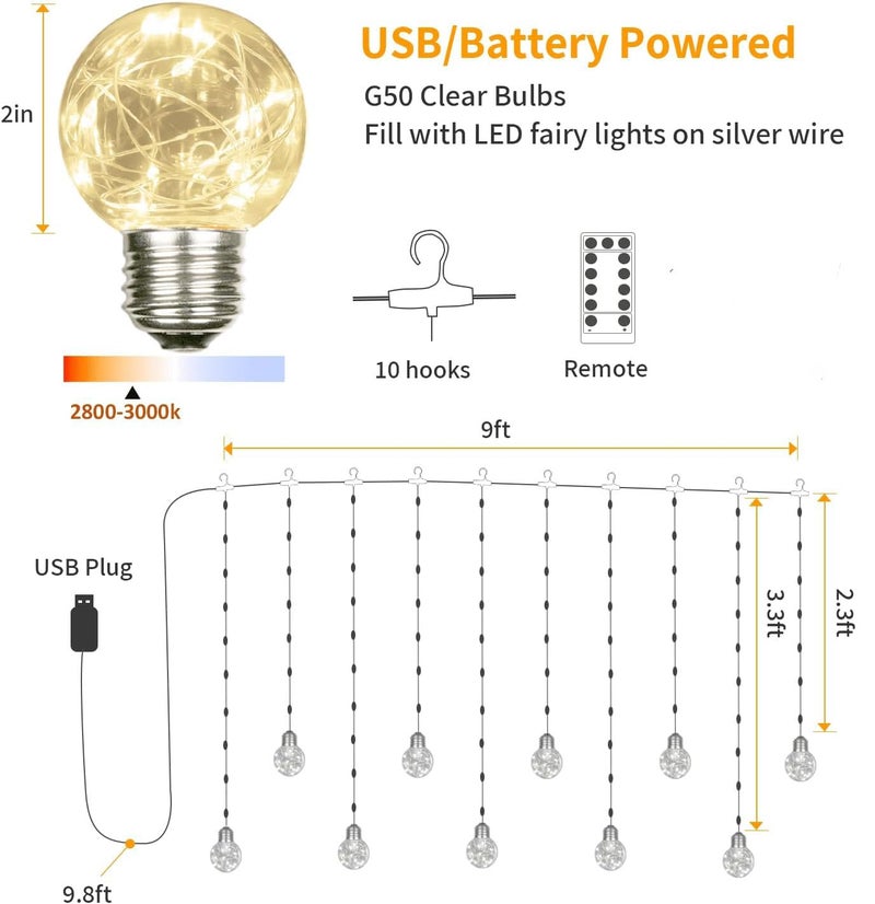 XERGY Wishing Ball Curtain Lights 200 LED Window Curtain String Lights with Remote, USB Battery Powered Twinkle Globe Fairy Lights diwali lights for decoration for home Wedding Party Bedroom Christmas - Image 4