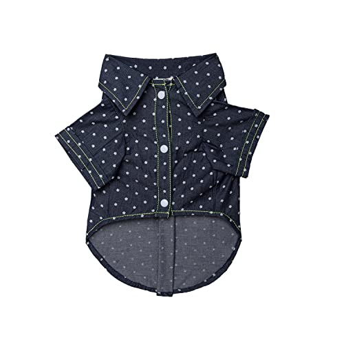 Lulala Dog Dress – Bobby Print Summer Sundress with Polka Dot Denim Skirt, Contrast Stitching Pet Outfit for Dogs Cats Puppies (18Inch, Navy Blue) - Image 1