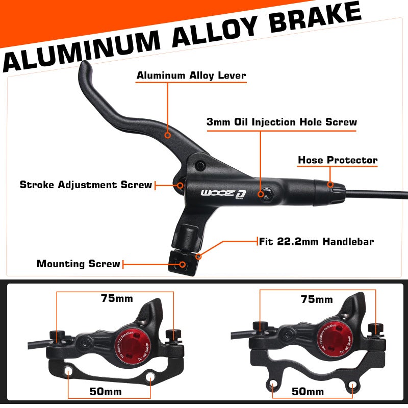 BUCKLOS Zoom MTB Hydraulic Disc Brakes Set, Left Front 800mm Right Rear 1450mm Mountain Bike Hydraulic Brake Aluminum Alloy Levers with Dual Piston Calipers PM/is Adapter - Image 4