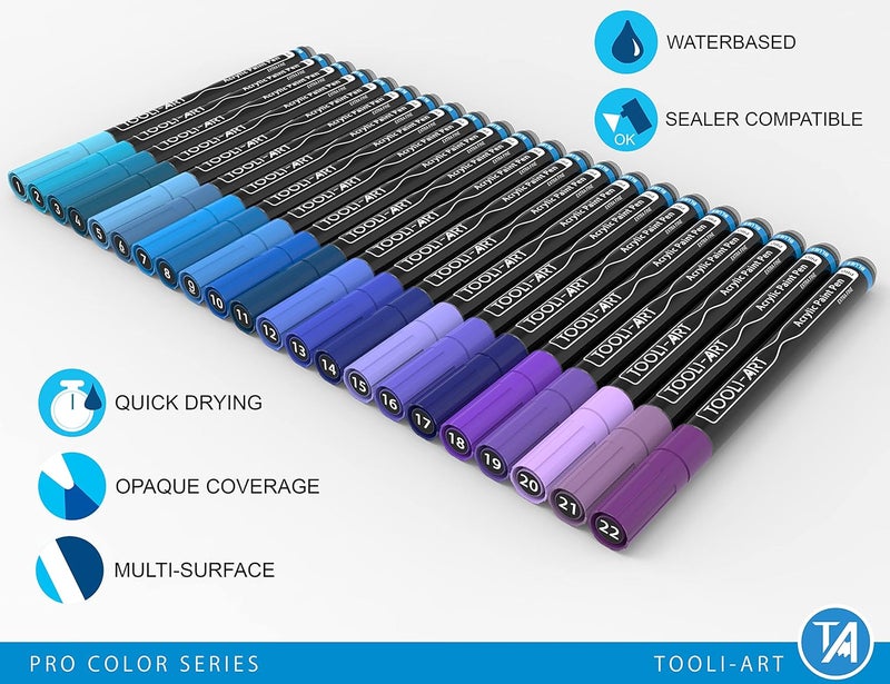 TOOLI-ART Acrylic Paint Pens Blue & Purple Tones 22 Assorted Pro Color Series Markers Set 0.7mm Extra Fine Tip for Rock Painting, Glass, Mugs, Wood, Metal, Canvas, Projects, Non Toxic, Waterbased, Quick Drying - Image 4