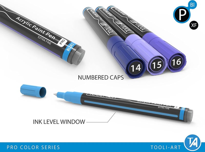 TOOLI-ART Acrylic Paint Pens Blue & Purple Tones 22 Assorted Pro Color Series Markers Set 0.7mm Extra Fine Tip for Rock Painting, Glass, Mugs, Wood, Metal, Canvas, Projects, Non Toxic, Waterbased, Quick Drying - Image 3