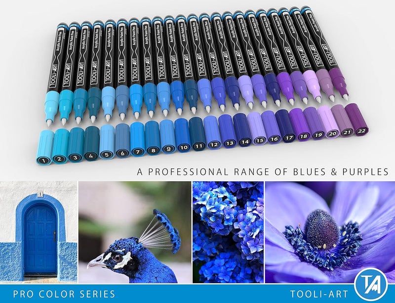 TOOLI-ART Acrylic Paint Pens Blue & Purple Tones 22 Assorted Pro Color Series Markers Set 0.7mm Extra Fine Tip for Rock Painting, Glass, Mugs, Wood, Metal, Canvas, Projects, Non Toxic, Waterbased, Quick Drying - Image 2