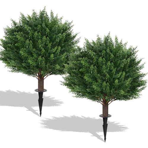 EverNature 2Pack Artificial Cedar Topiary Ball Trees 16 UV Resistant Fake Evergreen Shrubs Bushes Plants with Ground Spike Fake Plants for Outdoor Indoor Front Porch Garden - Image 1