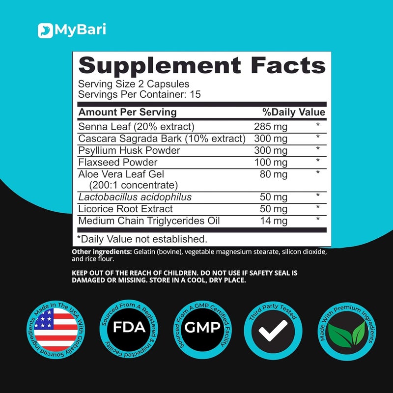 Mybari 15 Day Cleanse  Gut and Colon Support  Advanced Gut Cleanse Detox for Women  Men with Senna Cascara Sagrada  Psyllium Husk  NonGMO  Made in USA  30 Capsules - Image 5