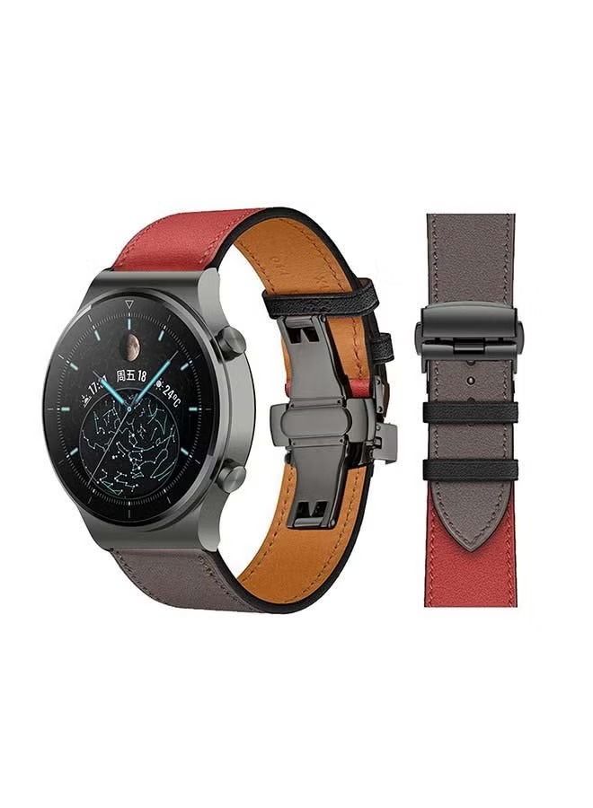 vesus Genuine Leather Replacement Band 22mm For Huawei Watch GT2 Pro Grey/Red