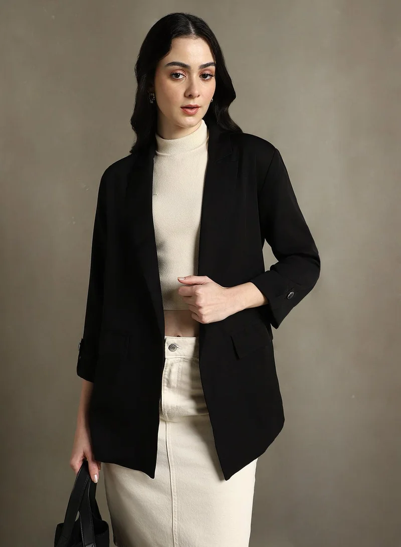 Women's Black Polyester Blend Solid Regular Fit Blazer