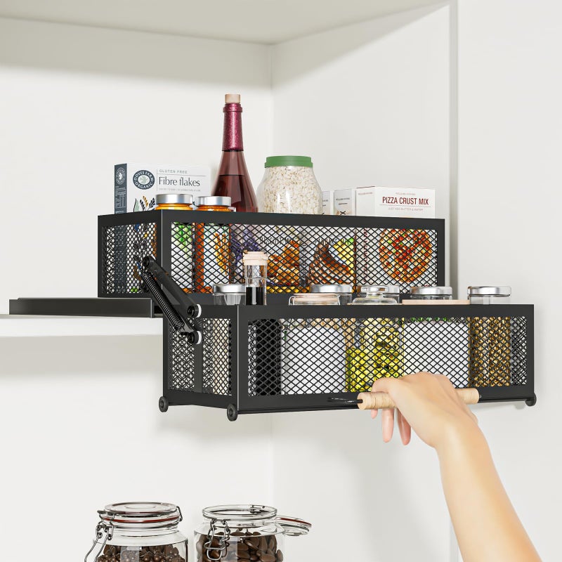 HOUSE AGAIN 2 Tier Pull Out&Down Cabinet Organizer, Drop Down Spice Rack Shelf Easy Reach for Upper Kitchen Cabinet, Slide Out Storage Basket Drawer with Handle for Pantry/Cupboard/Office, 2 Fix Mode - Image 1