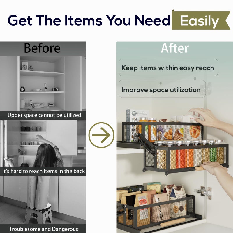 HOUSE AGAIN 2 Tier Pull Out&Down Cabinet Organizer, Drop Down Spice Rack Shelf Easy Reach for Upper Kitchen Cabinet, Slide Out Storage Basket Drawer with Handle for Pantry/Cupboard/Office, 2 Fix Mode - Image 3