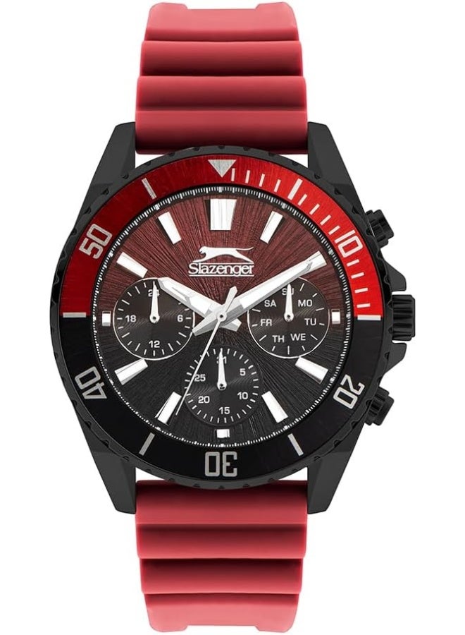 سلازنجر ساعة سلازينجر رجالي بقرص فولاذي أحمر وأسود وسوار سيليكون - Image 1