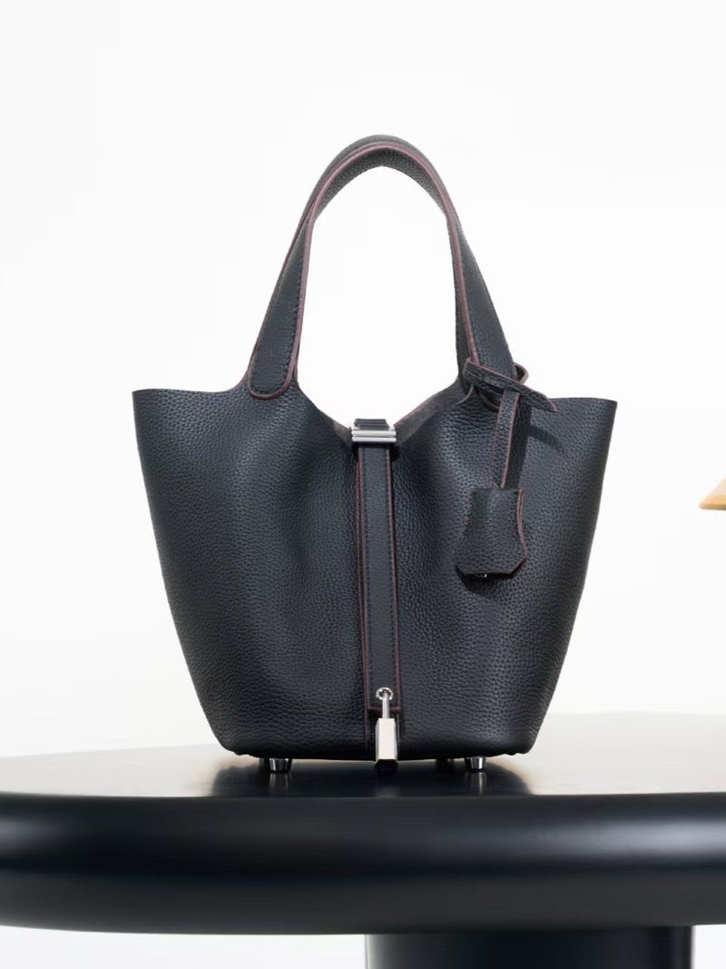 Manufacturer Togo Cowhide Leather Basket Bag For Women, First Layer Lychee Pattern, Fashionable And Versatile, Large Capacity Tote Bucket Bag - Image 3