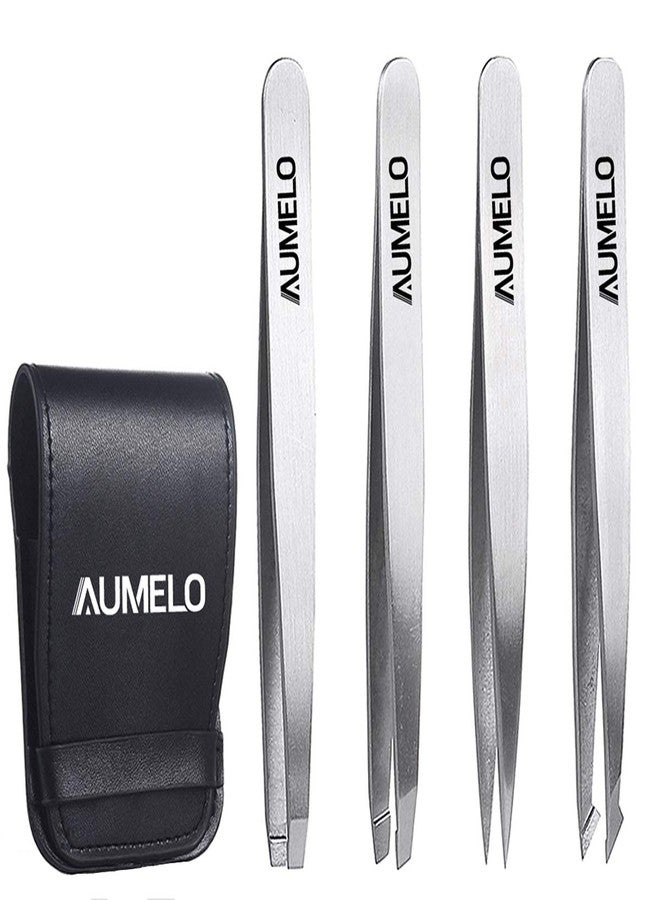 AUMELO مجموعة ملاقط 4 قطع ملاقط احترافية من الفولاذ المقاوم للصدأ هدية مع حقيبة سفر من أوميلو - أفضل دقة لإزالة شعر الحواجب والشظايا والشعر الناشئ، بدون ألوان وبدون مواد كيميائية - Image 1