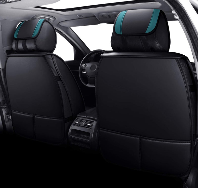 Aierxuan Front Seat Covers for Cars Leather Waterproof Cushions Universal Fit for Honda Accord Civic Toyota Corolla Highlander Ford Focus Fiesta Fusion Escape Nissan (2 PCS Front, Black-Green) - Image 3