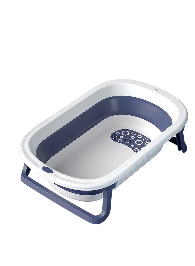 حوض استحمام قابل للطي للأطفال مع فتحة تصريف، حصيرة مضادة للانزلاق، وقفل أمان للمواليد الجدد 0-36 شهرًا (أزرق، 79x20x49 سم)