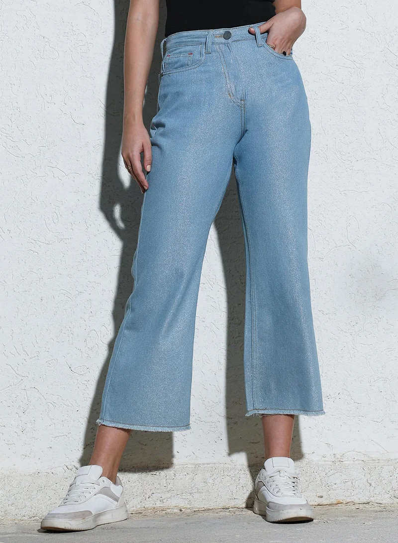 كامبوس سوترا Campus Sutra Women's Light Blue Light-Wash Flared Denim Jeans For Casual Wear | High-Waist | Relaxed Fit | Button Closure | Denim Jeans Crafted With Comfort Fit For Everyday Wear