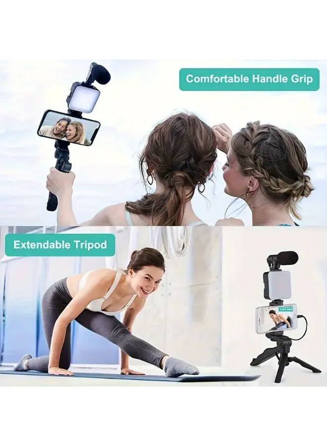 Tripod Video Blogging Kit for iPhone and Android Black Upgraded With LED Light Mini Shotgun Microphone Phone Holder Battery Powered Three AAA Batteries Model Battery Not Included Suitable for Outdoor Live Streaming Video Calls Vlogging Perfect Holiday Gift for Christmas Halloween Valentine Day - Image 3