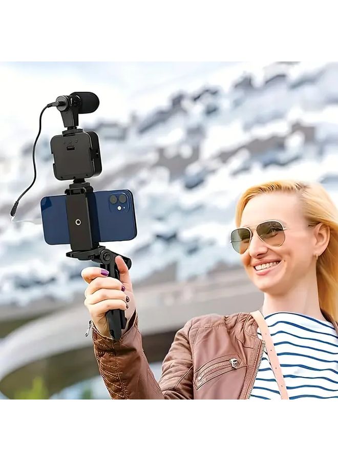 Tripod Video Blogging Kit for iPhone and Android Black Upgraded With LED Light Mini Shotgun Microphone Phone Holder Battery Powered Three AAA Batteries Model Battery Not Included Suitable for Outdoor Live Streaming Video Calls Vlogging Perfect Holiday Gift for Christmas Halloween Valentine Day - Image 1