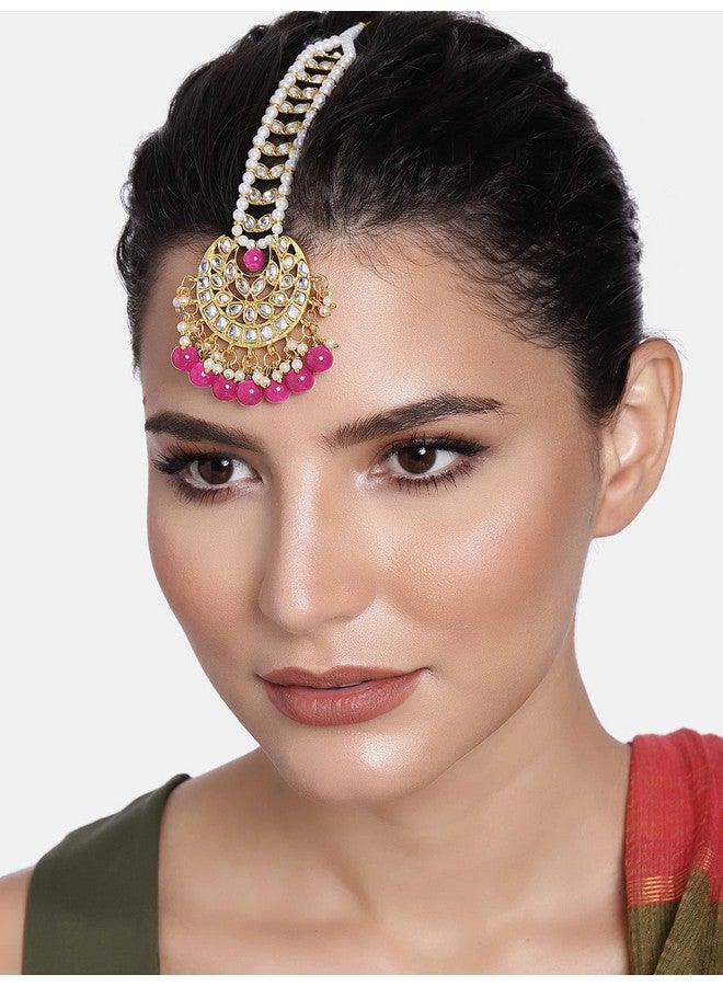 Peora Gold Plated Traditional Kundan Rani Pink Pearl Maang Tikka Ethnic Jewellery for Women & Girls - Image 3