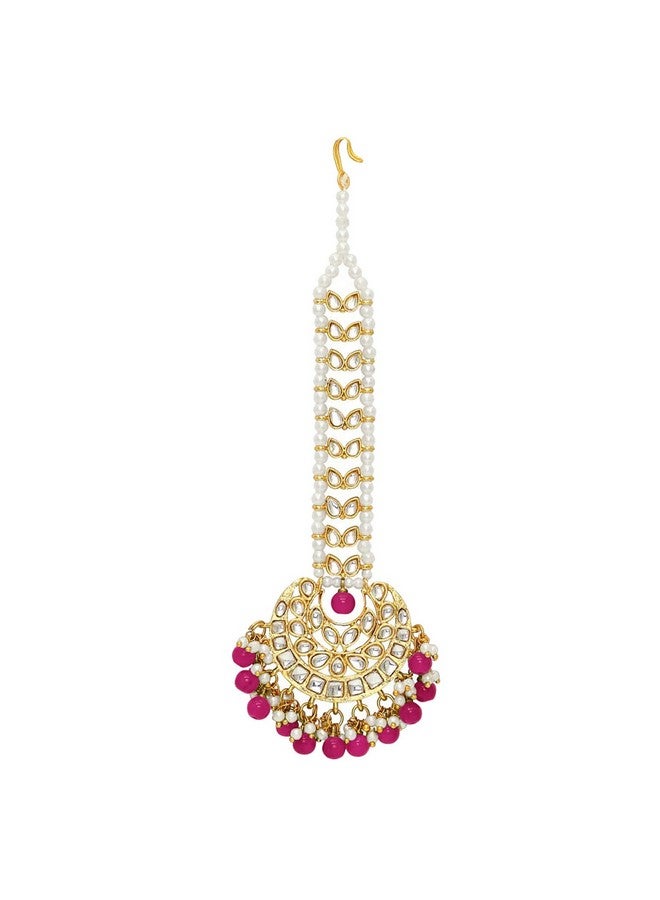 Peora Gold Plated Traditional Kundan Rani Pink Pearl Maang Tikka Ethnic Jewellery for Women & Girls - Image 4