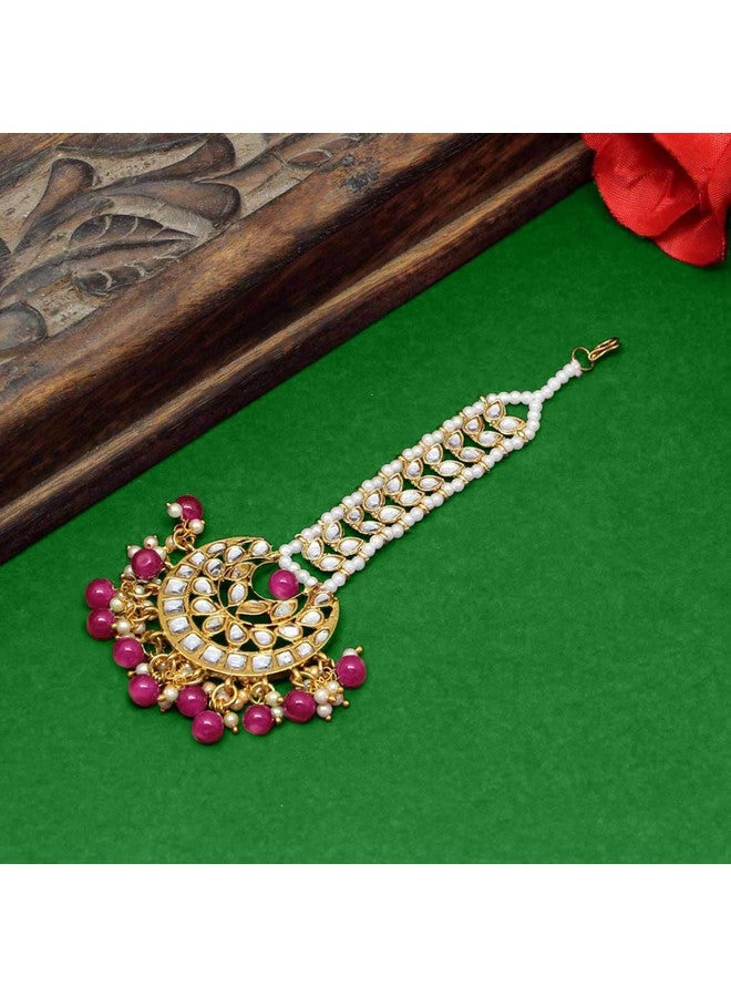 Peora Gold Plated Traditional Kundan Rani Pink Pearl Maang Tikka Ethnic Jewellery for Women & Girls - Image 2