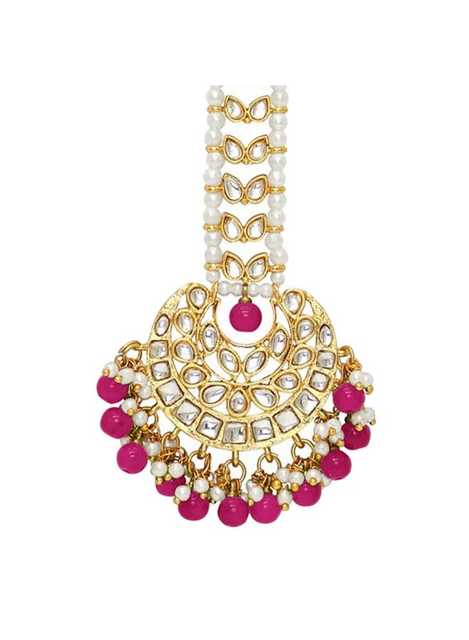 Peora Gold Plated Traditional Kundan Rani Pink Pearl Maang Tikka Ethnic Jewellery for Women & Girls - Image 1