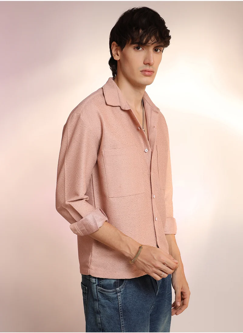 كامبوس سوترا Men's Blush Pink Chevron-Woven Utility Shirt