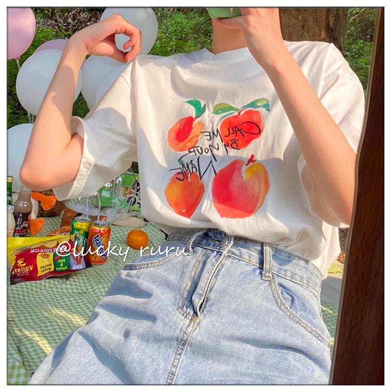 Short-Sleeved T-Shirt Women'S Cotton Loose Korean-Style Ins Women'S All-Match Cartoon Printed Inner Half-Sleeve Top - Image 1