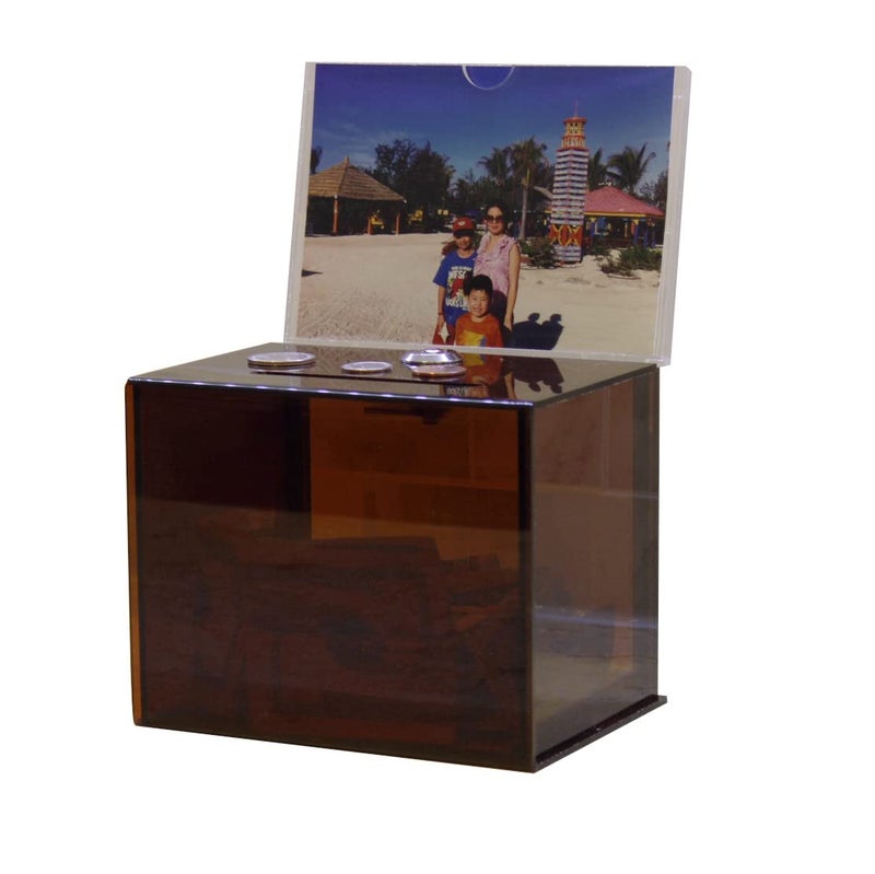 FixtureDisplays® 6.1" x 8.9" x 4.4" Acrylic Ballot Box with Lock, 6 x 4 Sign Holder - Amber 19215 - Image 1