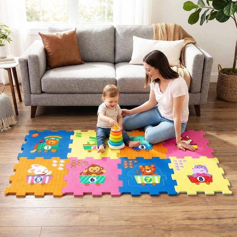 GLACER Kids Foam Puzzle Play Mat, 8-Piece Interlocking Baby Floor Puzzle Tiles w/Educational Animal Patterns, Non-Slip Waterproof Foam Crawling Mat for Toddler Playroom (Animal & Number Pattern) - Image 2