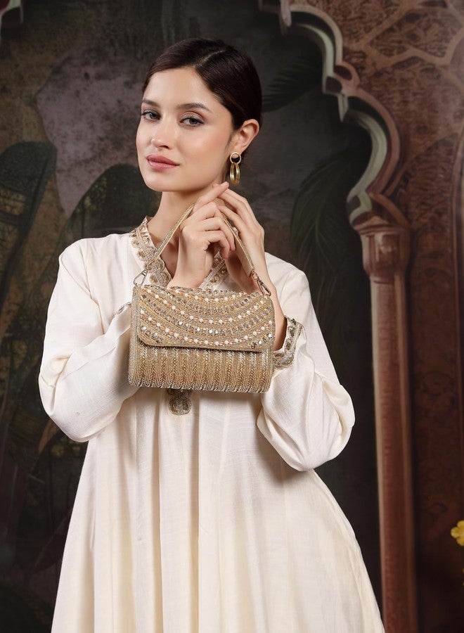 Anekaant Blush & Bead Gold Faux Silk Embellished Clutch For Ladies | Party & Wedding Handbag - Image 2