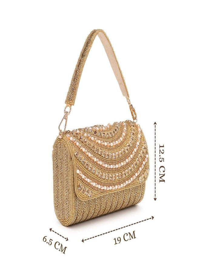 Anekaant Blush & Bead Gold Faux Silk Embellished Clutch For Ladies | Party & Wedding Handbag - Image 5