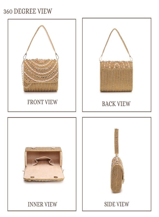 Anekaant Blush & Bead Gold Faux Silk Embellished Clutch For Ladies | Party & Wedding Handbag - Image 4