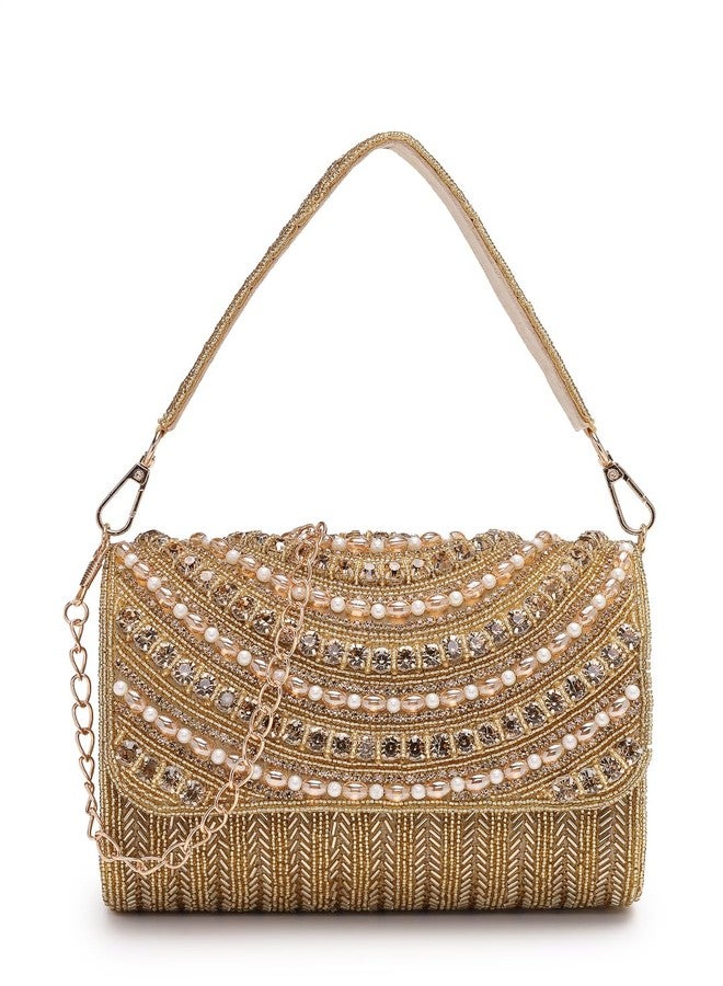Anekaant Blush & Bead Gold Faux Silk Embellished Clutch For Ladies | Party & Wedding Handbag - Image 1