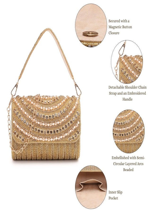 Anekaant Blush & Bead Gold Faux Silk Embellished Clutch For Ladies | Party & Wedding Handbag - Image 3