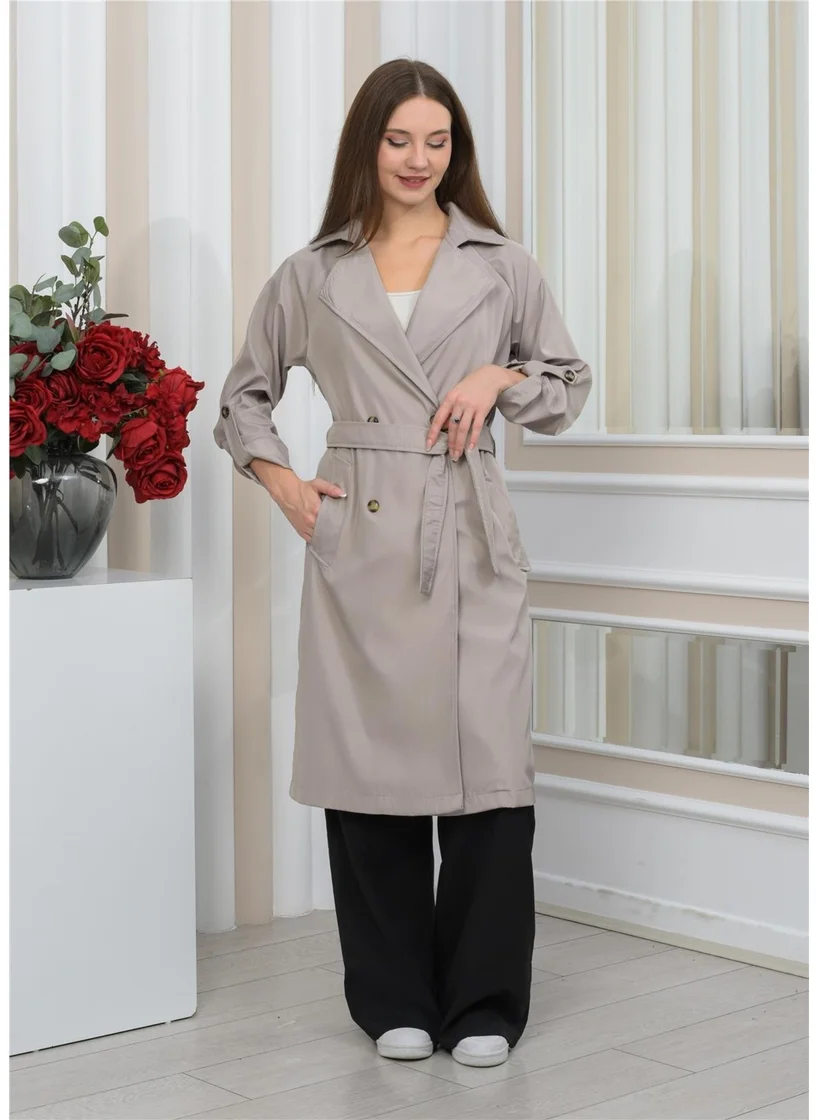 Nuseel New Season Oversize Long Trench Coat Stone