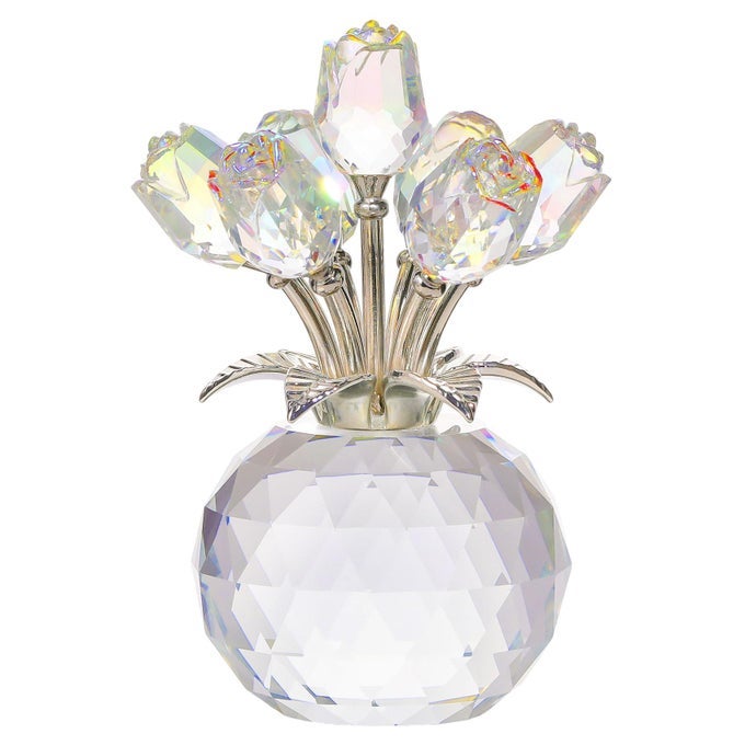 CLEAR ROSE FLOWER CRYSTAL FIGURINE WITH VASE BOUQUET FLOWERS ORNAMENT GIFTS FOR WIFE GIRLFRIEND WOMEN HANDMADE CRYSTAL FLOWER COLLECTIBLE HOME TABLE DECOR FOR VALENTINES DAY WEDDING ANNIVERSARY