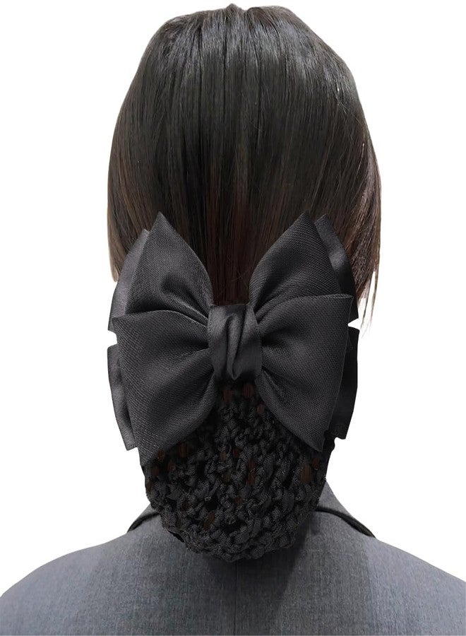 Elandy Women Ribbon Bowknot Hair Snood Net Barrette Clips Bun Cover Hairnet French Bow Hair Accessories for Bank Clerk Air Hostess (Black) - Image 1