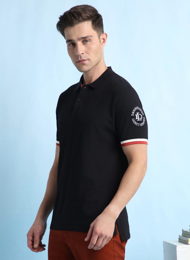 Dennis Lingo Men's Black Pique Solid Pattern Regular Fit T-Shirt  - Image 3