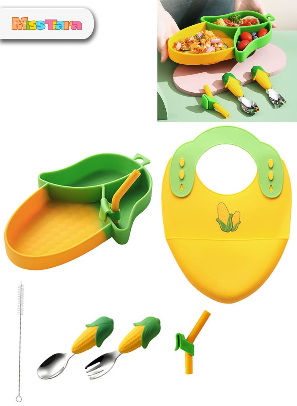 MissTiara Creative Cartoon Baby Tableware Set , Silicone Feeding Set, Baby Weaning Feeding Supplies, Suction Bowl,Divided Plate