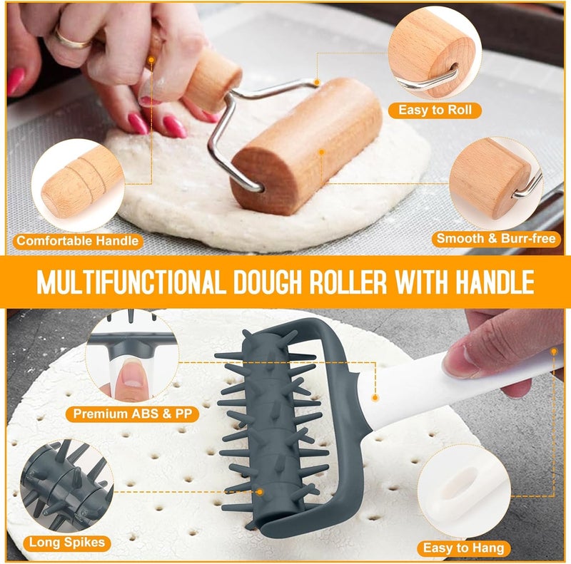 ATPWONZ Wooden Rolling Pins for Baking, Small Dough Roller with Handle, Stainless Steel Pastry Blender Set with Pizza Dough Roller Docker, Pastry Cutter, Dough Cutter, Baking Mat, for Home Kitchen Cooking - Image 4