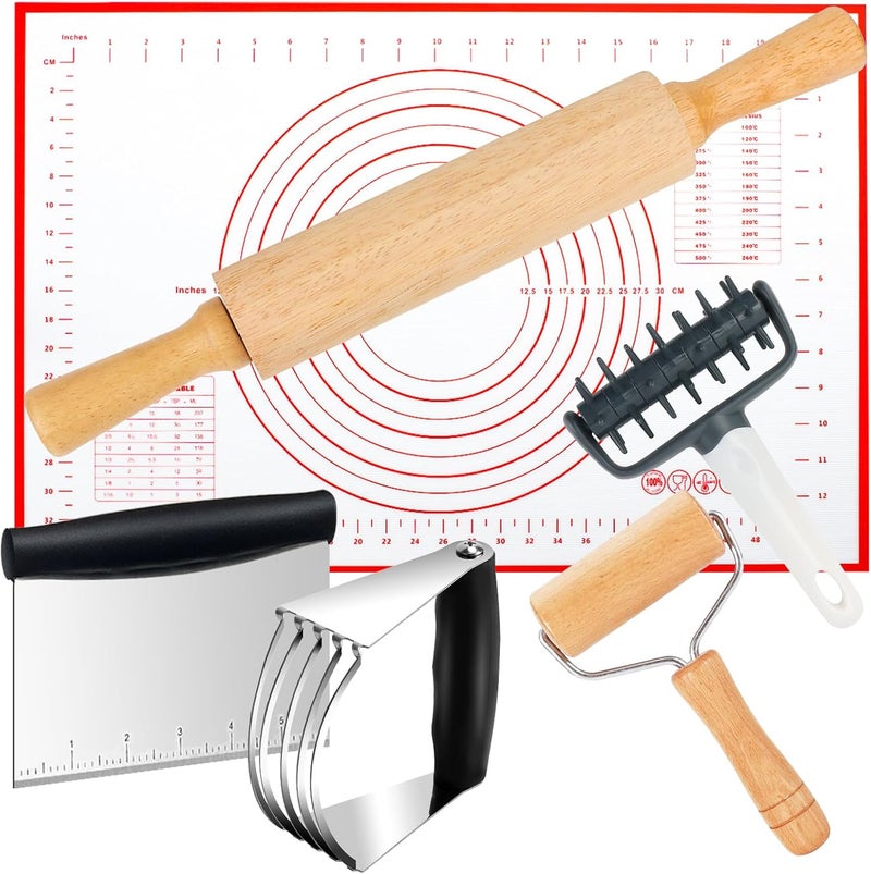 ATPWONZ Wooden Rolling Pins for Baking, Small Dough Roller with Handle, Stainless Steel Pastry Blender Set with Pizza Dough Roller Docker, Pastry Cutter, Dough Cutter, Baking Mat, for Home Kitchen Cooking - Image 1