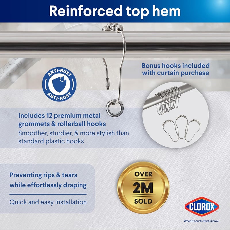 Clorox 2-in-1 Bathroom Shower Curtain Liner w Metal Hooks, Durable Fabric, Weighted Magnets for Bath Water Control, Washable Premium Quality, Modern - 72" x 72" White - Image 5