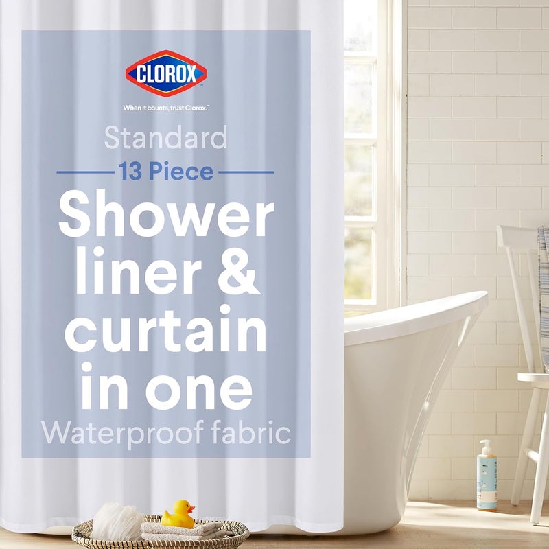Clorox 2-in-1 Bathroom Shower Curtain Liner w Metal Hooks, Durable Fabric, Weighted Magnets for Bath Water Control, Washable Premium Quality, Modern - 72" x 72" White - Image 1