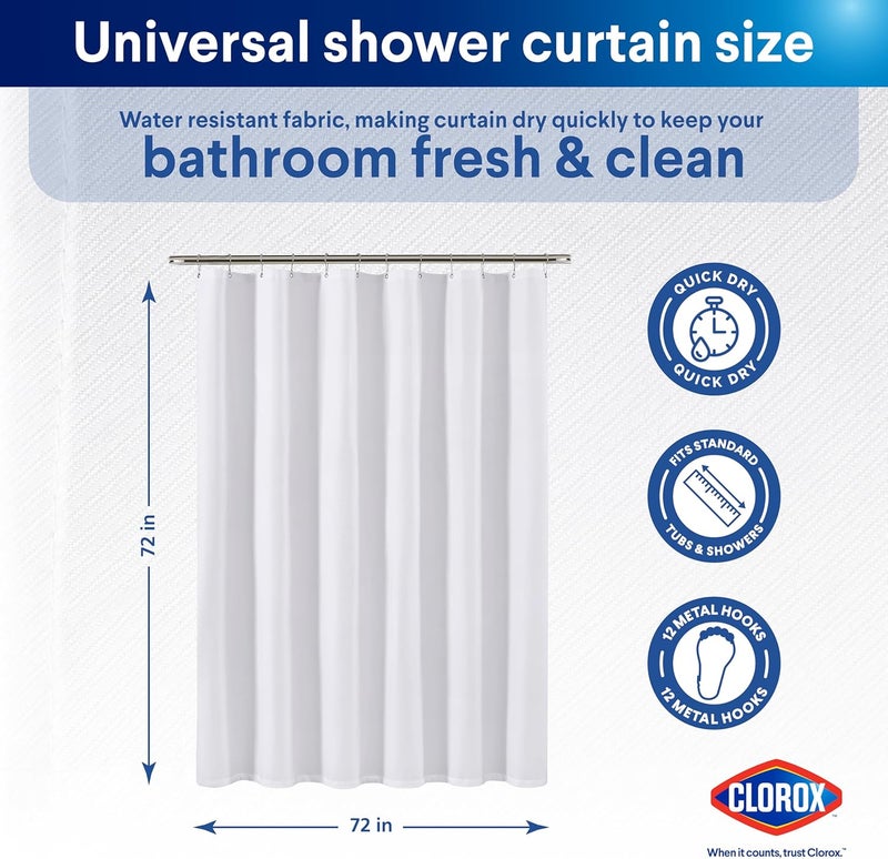 Clorox 2-in-1 Bathroom Shower Curtain Liner w Metal Hooks, Durable Fabric, Weighted Magnets for Bath Water Control, Washable Premium Quality, Modern - 72" x 72" White - Image 2