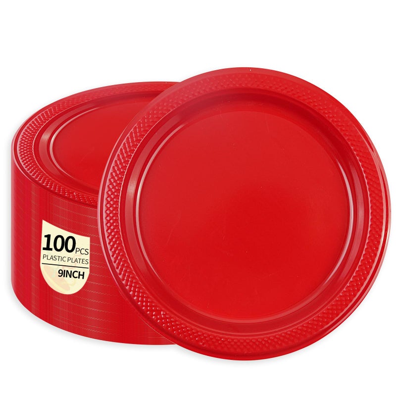 LDFDRT Red Plastic Plates 100 pcs Party Dessert Dinner Plates Disposable Heavy Duty for Party Wedding Valentines (9inch) - Image 1